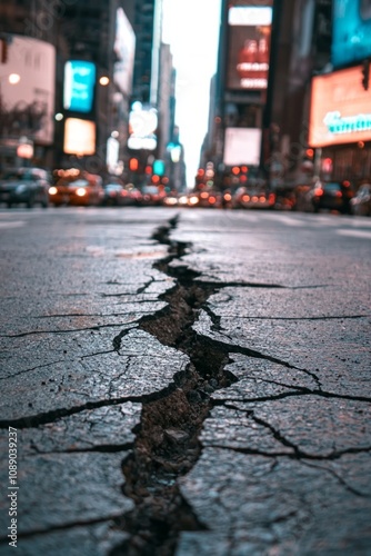 Closeup of a crack on the street in a city