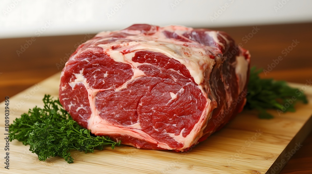 Raw prime rib roast beef with marbled texture rests on wooden cutting board garnished with fresh parsley, copy space Raw prime rib roast beef with marbled texture rests on wooden cutting board garnished with fresh parsley, copy space