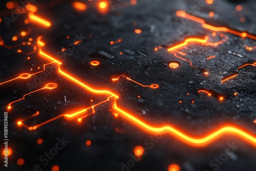 A black and orange electronic circuit board with a glowing orange line