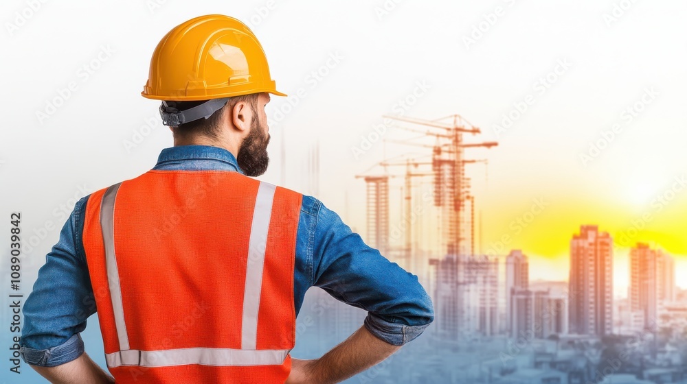 Construction worker viewing urban skyline at sunset construction site professional photography cityscape back view urban development insights Construction worker viewing urban skyline at sunset construction site professional photography cityscape back view urban development insights