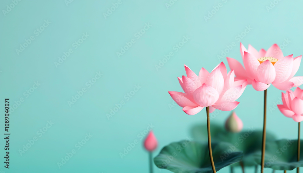 Fototapeta premium Delicate pink lotus flowers against a serene blue background.