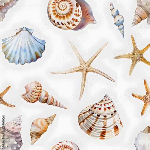 seamless watercolor seashell pattern hand drawn on white background for fabric cards website or children s prints with a white accent, cinematic, png photo