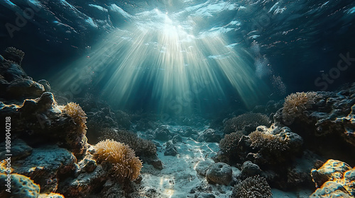Sunbeams Illuminate Vibrant Underwater Coral Reef Seascape