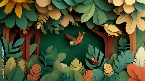 Vibrant Paper Cut Forest Scene with Colorful Birds