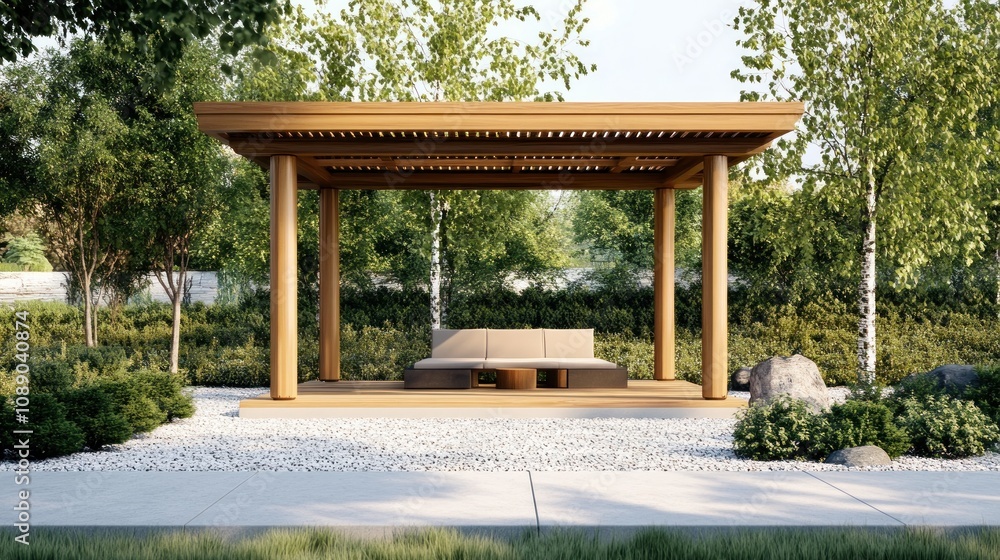 Minimalist gazebo with clean lines and light wood, surrounded by gravel landscaping, modern garden Minimalist gazebo with clean lines and light wood, surrounded by gravel landscaping, modern garden