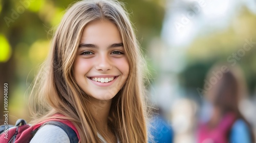 Portrait of smiling teenage girl student with backpack outdoors on sunny day with blurred school background, copy space