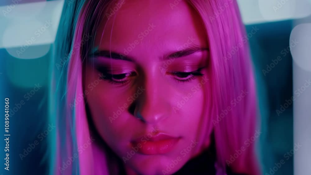 Vibrant neon portrait: reflective expression and light play in closeup sequence Vibrant neon portrait: reflective expression and light play in closeup sequence