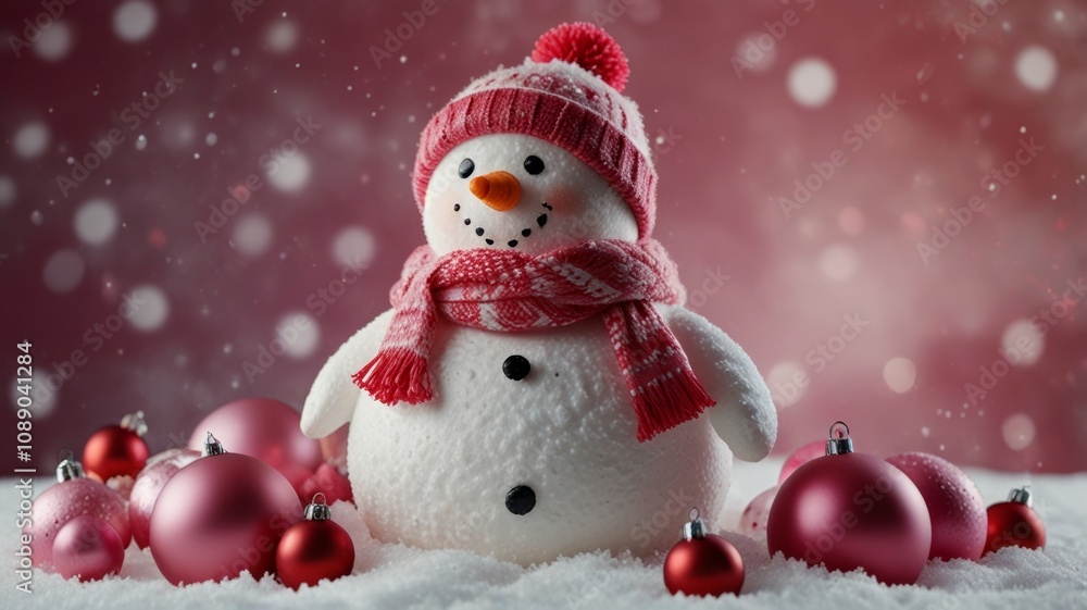 An adorable snowman wearing a pink knit hat and scarf stands amidst shimmering pink decorations, surrounded by soft white snowflakes, capturing the essence of the winter holidays An adorable snowman wearing a pink knit hat and scarf stands amidst shimmering pink decorations, surrounded by soft white snowflakes, capturing the essence of the winter holidays