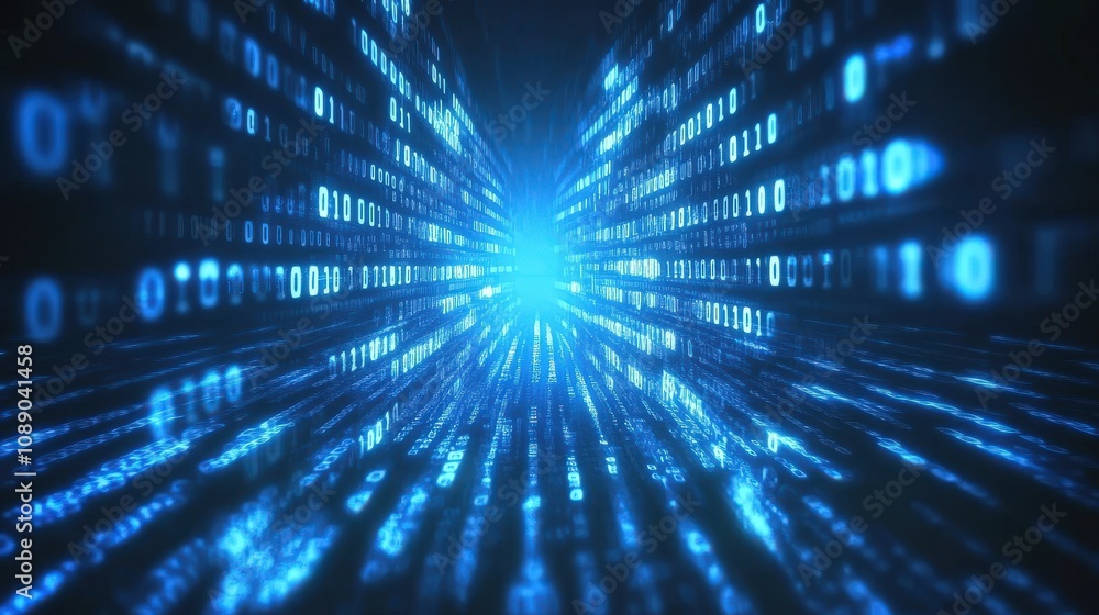 Fototapeta premium Abstract digital tunnel of glowing blue binary code