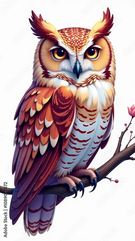 Obraz premium Vibrant Owl Perched on a Branch with Detailed Feathers and Striking Eyes