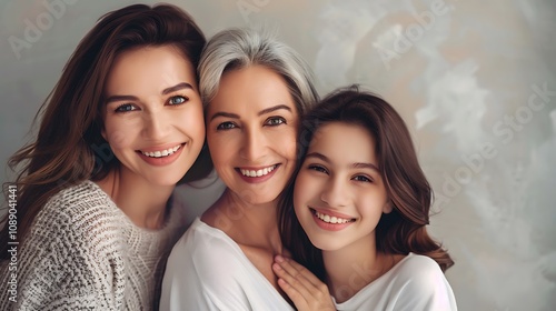 A joyful family portrait featuring three women of different generations, smiling and embracing each other.