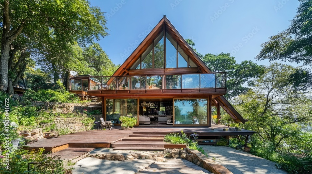 Naklejka premium Wooden A-frame house with panoramic glass walls, on a hilltop