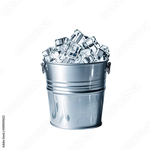 Metal bucket filled with clear ice cubes on transparent background