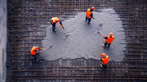 Construction workers leveling concrete on building site © utaem2022