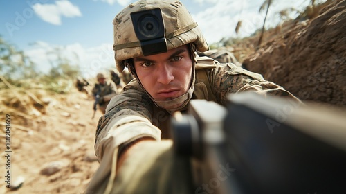 Determined soldier in a warzone environment. Captures intensity and focus for military themes. photo