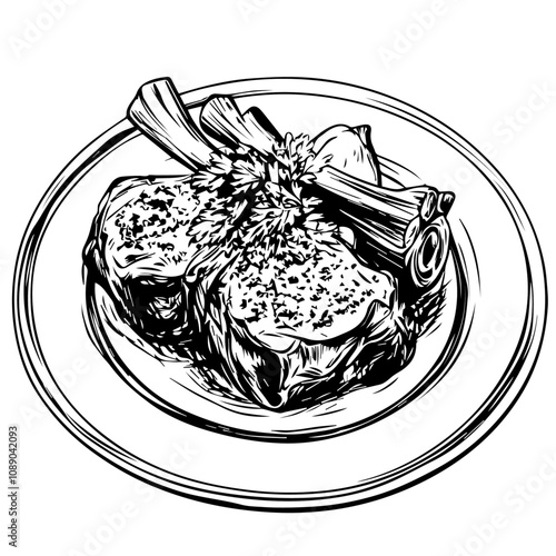 Italian Osso Buco with Veal Shanks and Gremolata – A Braised Dish Celebrated for Its Richness Black Outline Vector Illustration