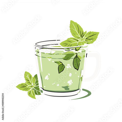 Moroccan Mint Tea with Fresh Mint Leaves – A Refreshing Beverage Served with Hospitality Black Outline Vector Illustration