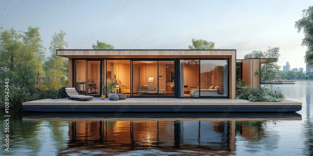 Modern floating home on calm lake at sunset. Modern floating home on calm lake at sunset.