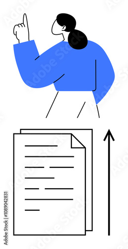 Woman pointing upward beside document and arrow indicating growth clarity and progress. Ideal for success, motivation, leadership, education, achievement, direction, inspiration. Line metaphor