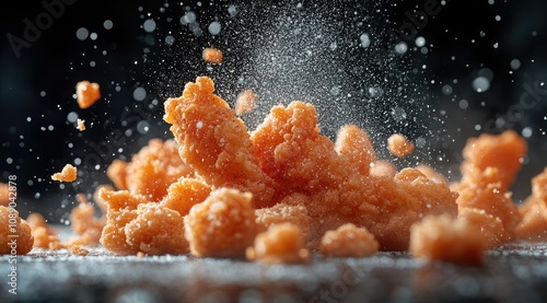 Crispy, golden-brown fried nuggets scattered on a dark surface with flour or seasoning dust in mid-air. photo