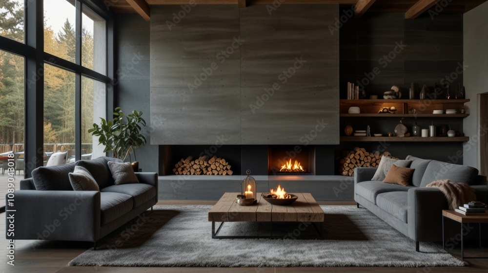 Cozy living room with modern gray sofas, a wooden coffee table and an elegant fireplace, complemented by natural light streaming through large windows. Cozy living room with modern gray sofas, a wooden coffee table and an elegant fireplace, complemented by natural light streaming through large windows.