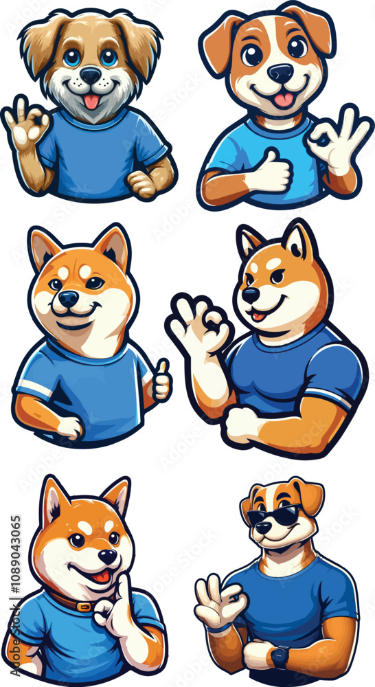 The dog mascot is wearing a blue t-shirt with an OK pose The dog mascot is wearing a blue t-shirt with an OK pose