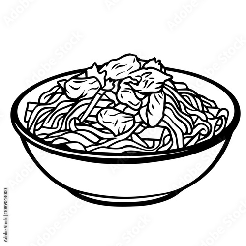 Thai Pad See Ew with Stir-Fried Rice Noodles and Chicken – A Beloved, Flavorful Noodle Dish Black Outline Vector Illustration