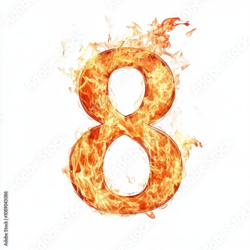 A fiery number 8, appearing as if engulfed in flames, symbolizes intensity and energy.