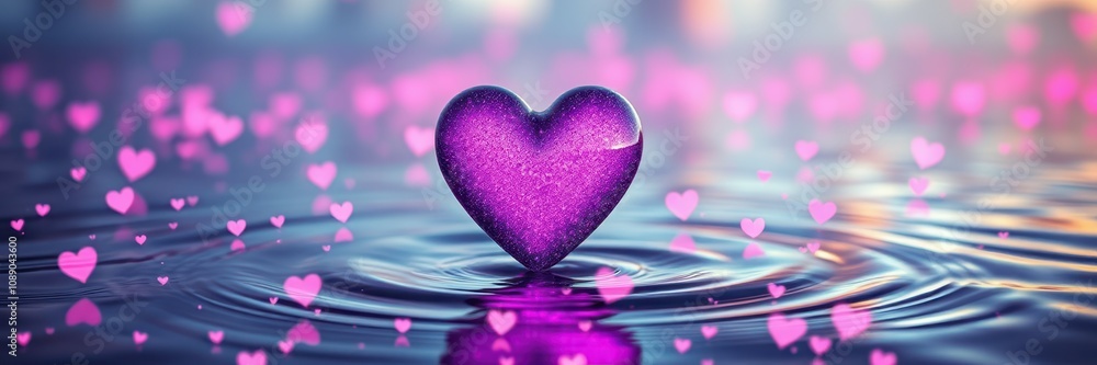 A purple heart rests gently on tranquil water surrounded by pink hearts A purple heart rests gently on tranquil water surrounded by pink hearts