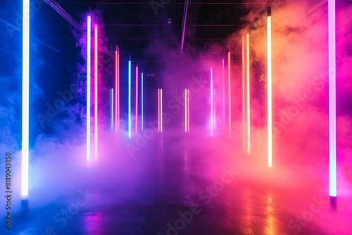 Empty room filled with colorful neon lights and smoke for background