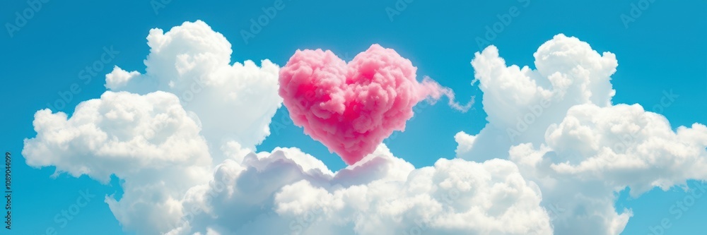A pink heart-shaped cloud floats amidst fluffy white clouds in a vibrant blue sky A pink heart-shaped cloud floats amidst fluffy white clouds in a vibrant blue sky