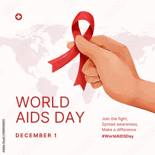 World Aids day awareness ribbon on hand illustration poster template 