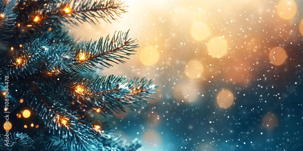 A serene winter close-up of Christmas tree branches adorned with glittering lights and snowflakes, ideal for festive greetings, holiday banners, or seasonal promotions. A serene winter close-up of Christmas tree branches adorned with glittering lights and snowflakes, ideal for festive greetings, holiday banners, or seasonal promotions.