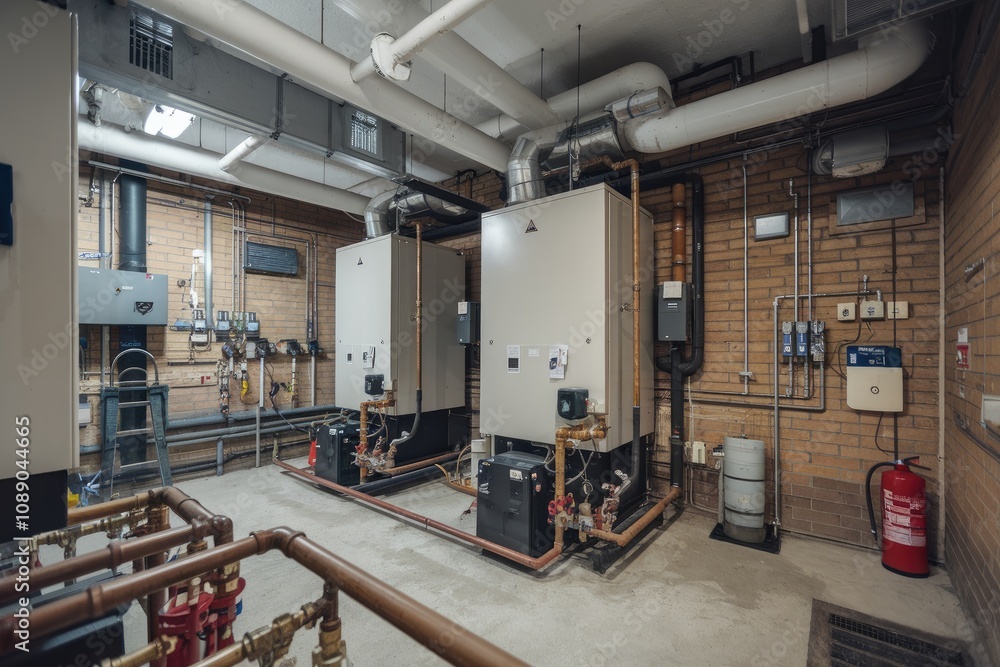 Industrial heating system supplying hot water and heating in a boiler room Industrial heating system supplying hot water and heating in a boiler room