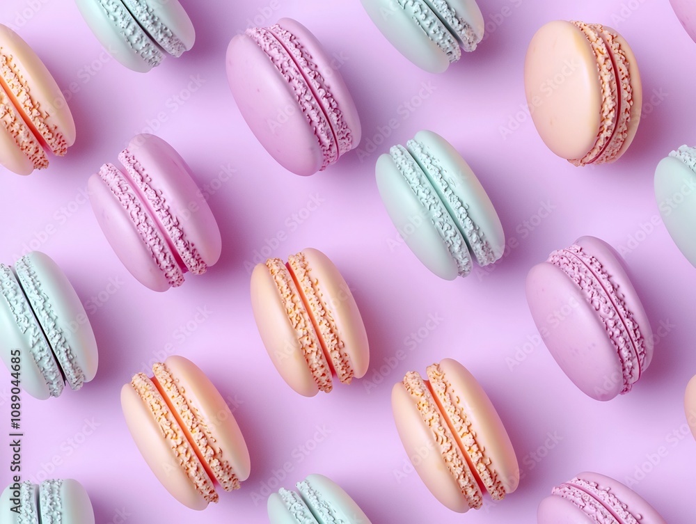 Obraz premium Mini 3D Macarons in Pastel Shades on Soft Lavender Background with Glowing Highlights
