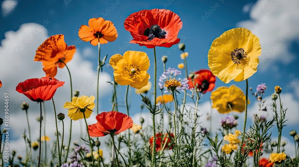Fototapeta premium A peaceful meadow bursting with wildflowers of every hue, basking under a bright blue sky with puffy clouds.
