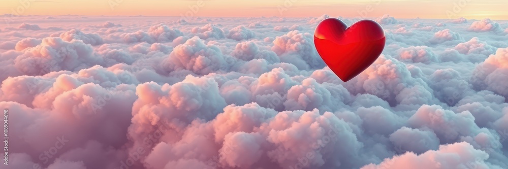 A red heart floats amidst a sea of pink clouds at sunset A red heart floats amidst a sea of pink clouds at sunset