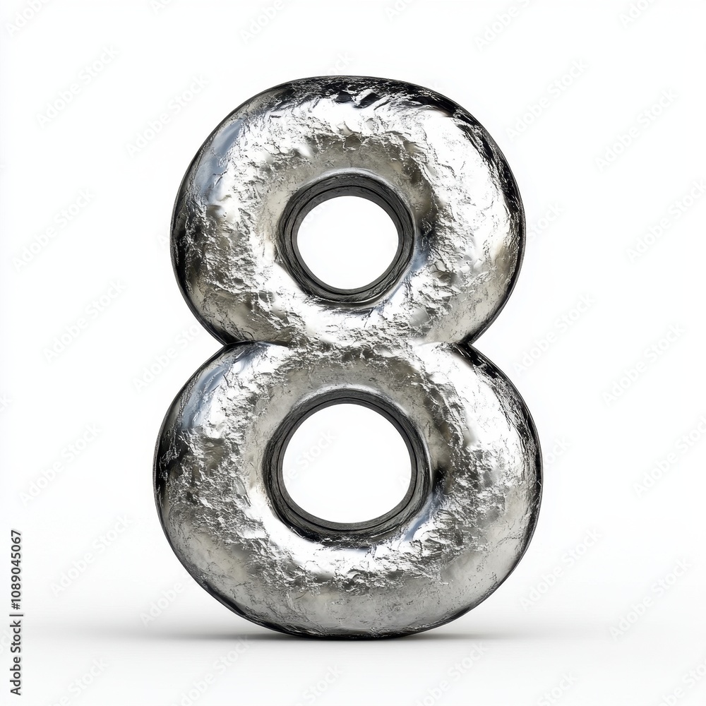 A shiny, metallic number 8 with a hollow center, resembling a donut shape. A shiny, metallic number 8 with a hollow center, resembling a donut shape.