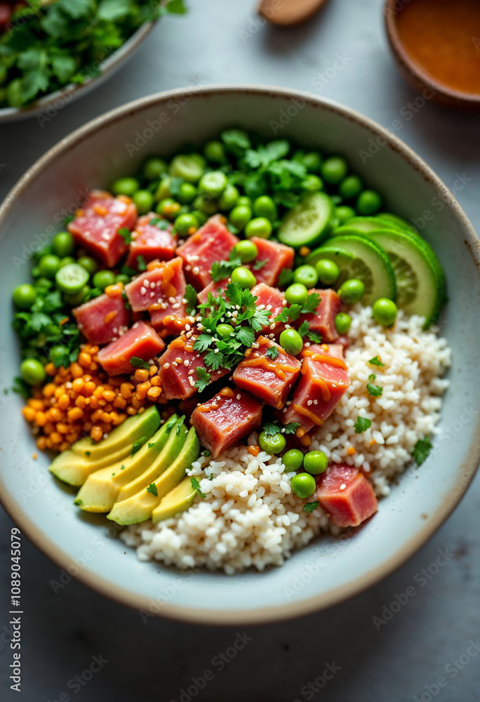 Vibrant Poke Bowl With Tuna, Edamame, Avocado, And Rice Vibrant Poke Bowl With Tuna, Edamame, Avocado, And Rice