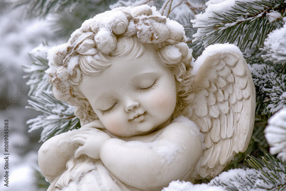 Naklejka premium Sculpture of a cute angel with wings under the snow by a pine tree