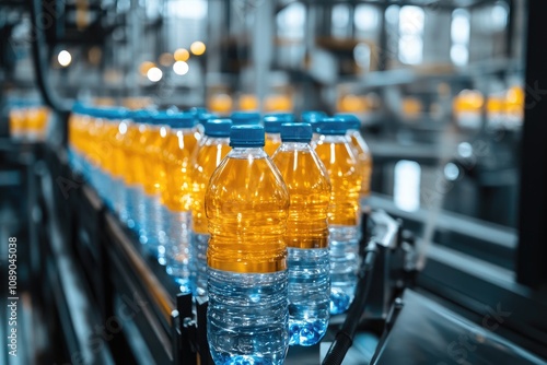 Bottling plant conveyor belt moving plastic bottles with orange liquid photo