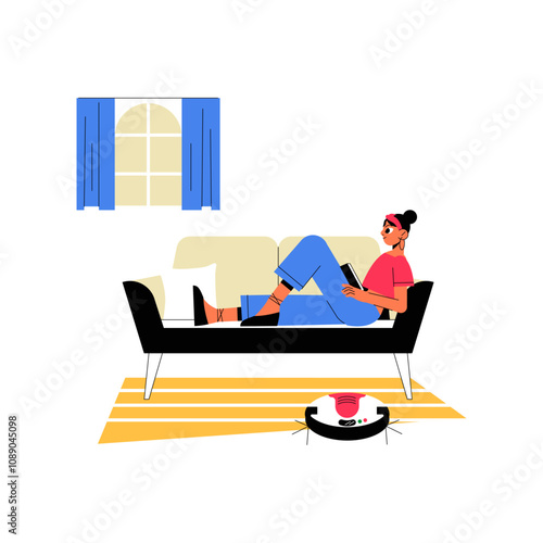 Woman Relaxing With A Robotic Vacuum Cleaner At Home, Flat Vector Illustration Symbolizing Modern Technology, Comfort, And Automation, Isolated On White Background.