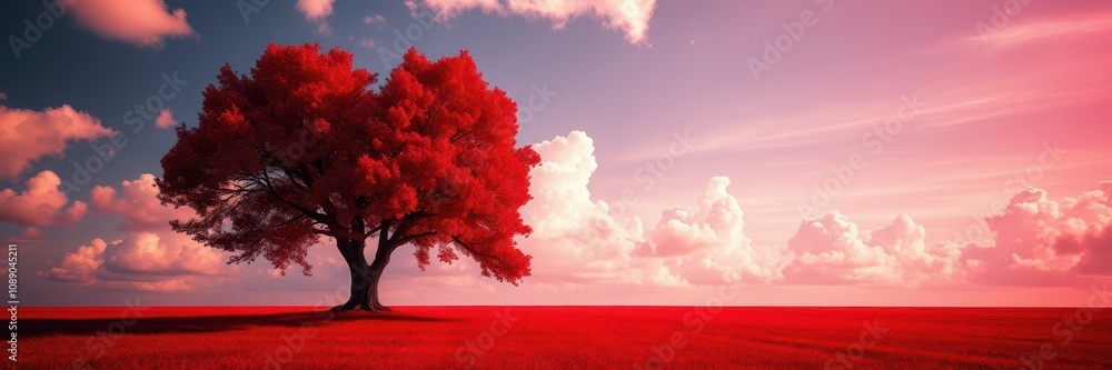 A lone red tree stands in a vibrant red field under a pink sunset sky A lone red tree stands in a vibrant red field under a pink sunset sky