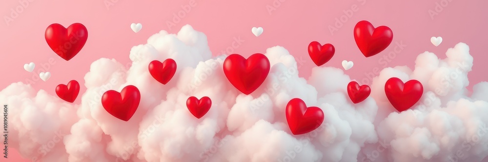 Red hearts float among fluffy clouds against a pink background Red hearts float among fluffy clouds against a pink background