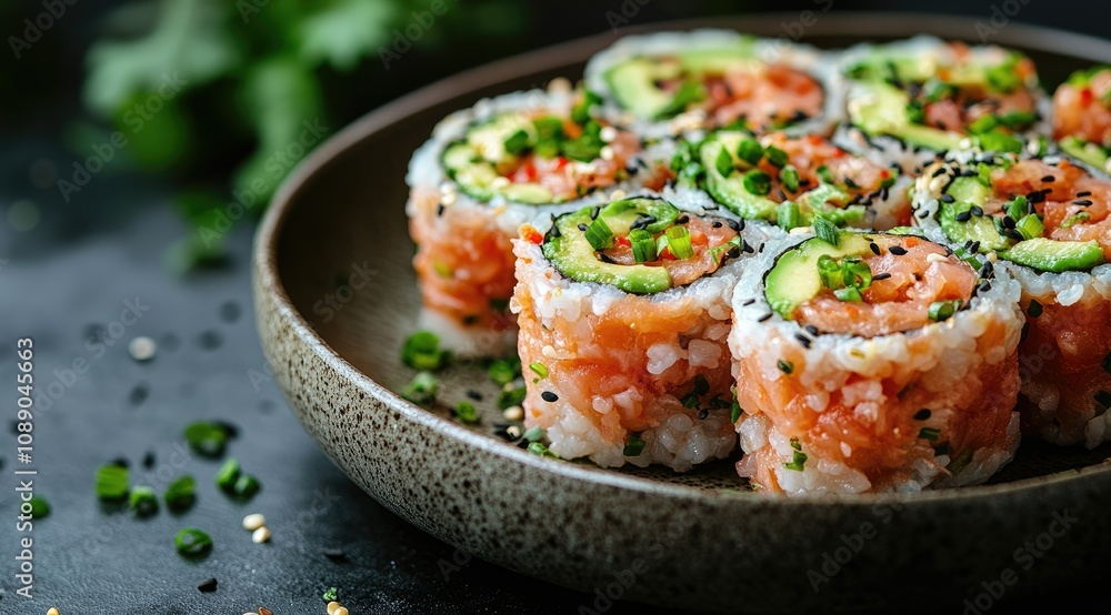 Delicious sushi rolls with salmon, avocado, and green onions, arranged on a dark plate. Delicious sushi rolls with salmon, avocado, and green onions, arranged on a dark plate.