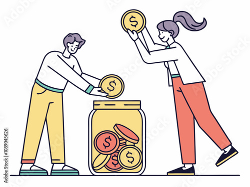 A cartoon illustration of a boy and a woman working together as businesspeople in a professional setting