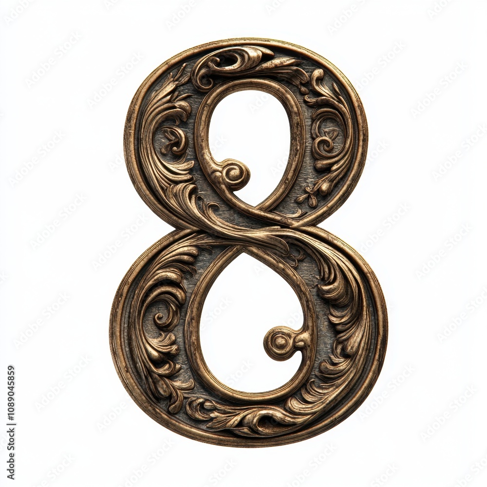 Ornate decorative number eight with intricate swirling patterns and a metallic finish. Ornate decorative number eight with intricate swirling patterns and a metallic finish.