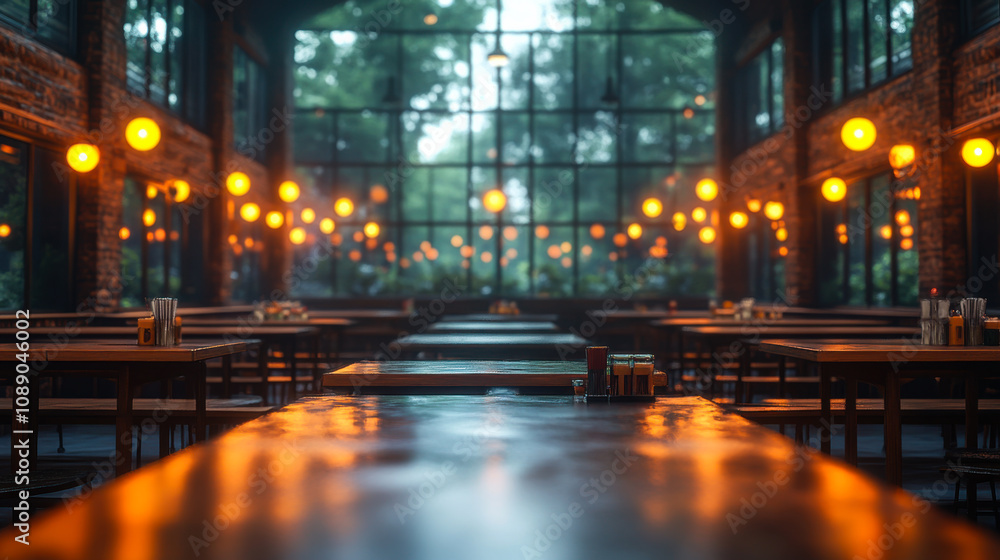 A cozy, warmly lit restaurant interior with wooden tables, glowing lights, and large windows during a quiet evening A cozy, warmly lit restaurant interior with wooden tables, glowing lights, and large windows during a quiet evening