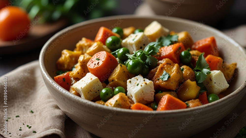 A colorful bowl of roasted vegetables including carrots, peas, and potatoes topped with fresh herbs offering a nutritious and vibrant dish perfect for any meal. A colorful bowl of roasted vegetables including carrots, peas, and potatoes topped with fresh herbs offering a nutritious and vibrant dish perfect for any meal.