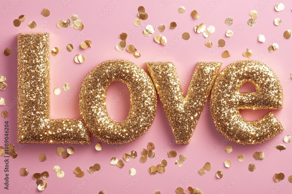 Golden love sign celebrating valentine's day with glitter and confetti on pink background Golden love sign celebrating valentine's day with glitter and confetti on pink background